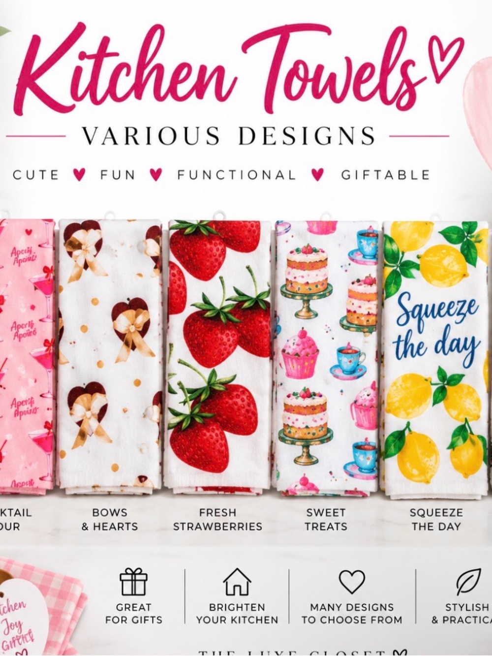 Kitchen Towels Assorted Designs pink, Yellow, Red, White, ( 1 Towel)